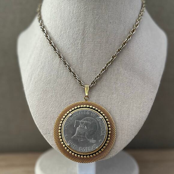Vintage Jewelry - Vintage Moon Landing Silver Dollar Pendant Necklace